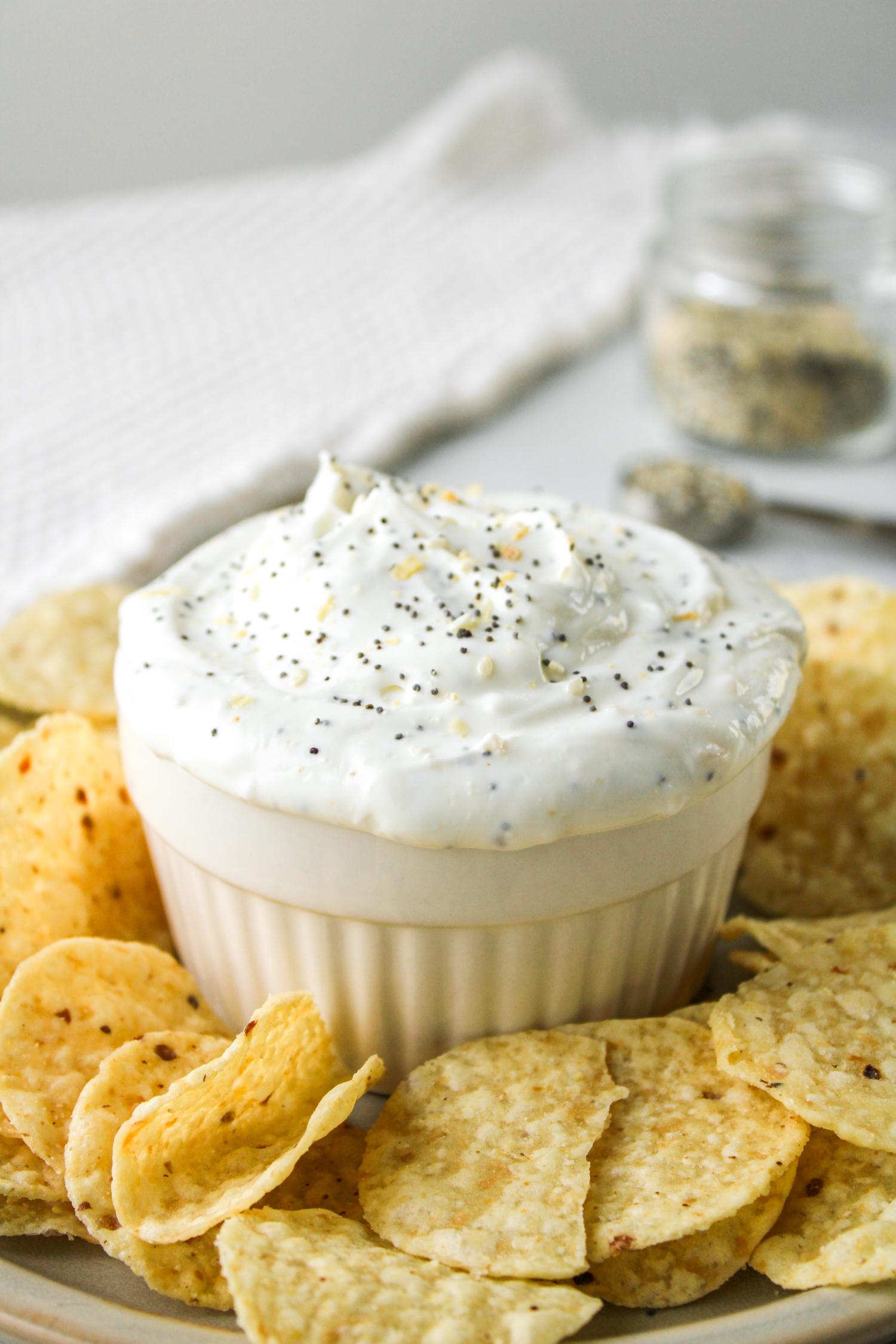 profile shot of everything but the bagel dip in a white bowl surrounded by corn chips