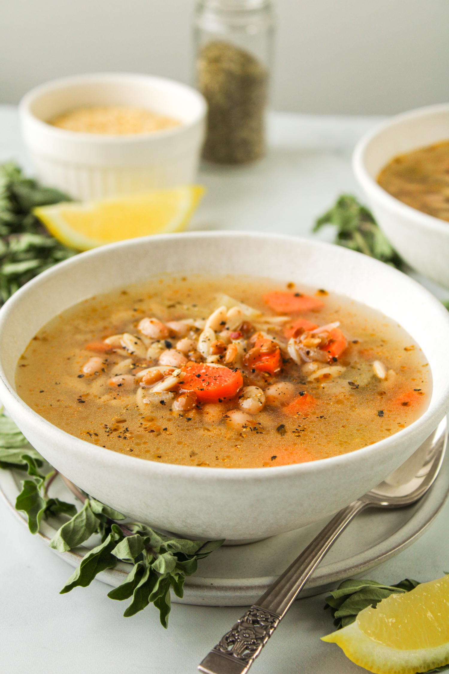 side profile shot of lemon orzo soup in a white ceramic bowl with ingredients in the background