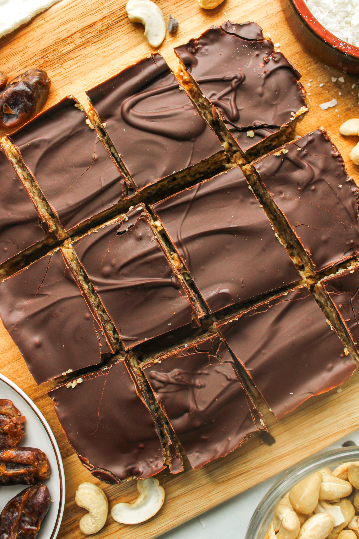 overhead shot of chocolate nut bar cut into 12 pieces