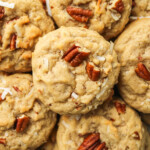 coconut pecan cookies layered on top of each other
