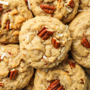 coconut pecan cookies layered on top of each other