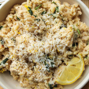 lemon chicken orzo pasta in a white ceramic dish topped with parmesan cheese and a slice of lemon