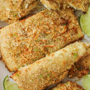 overhead shot of coconut lime air fryer halibut fillets on a large white ceramic plate