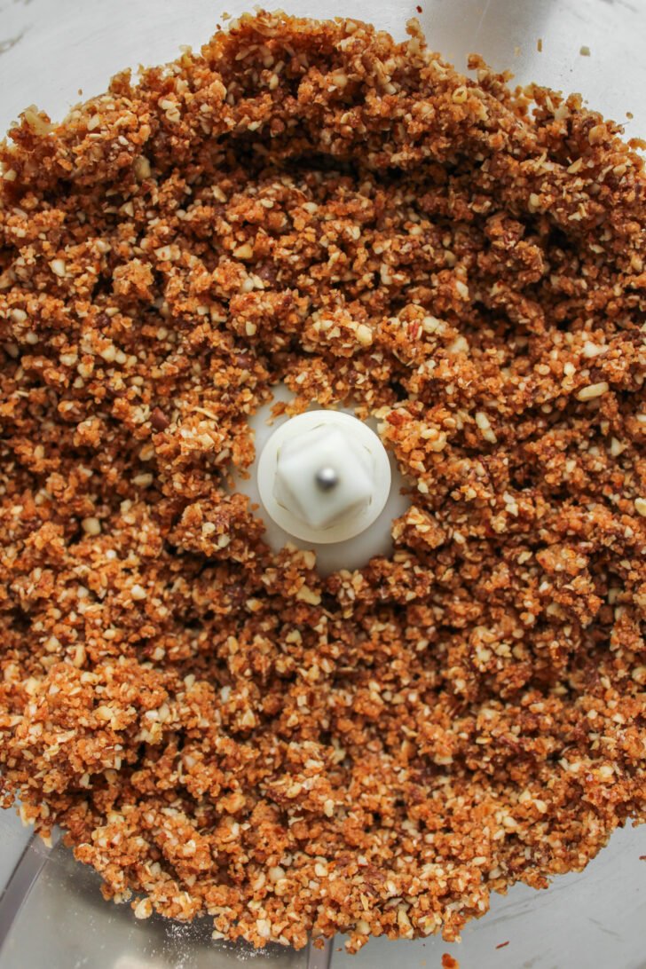 protein ball blended mixture in the food processor