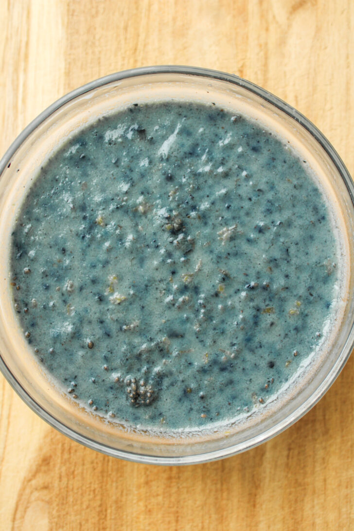 blueberry chia pudding in a glass bowl