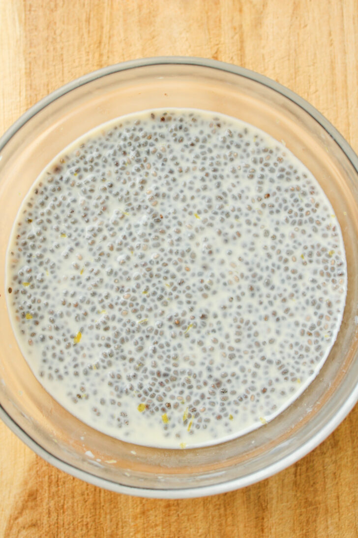 lemon chia pudding in a glass bowl