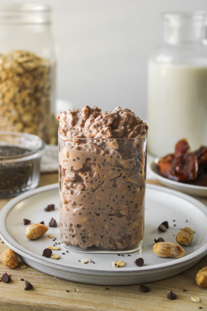chocolate overnight oats in a glass container