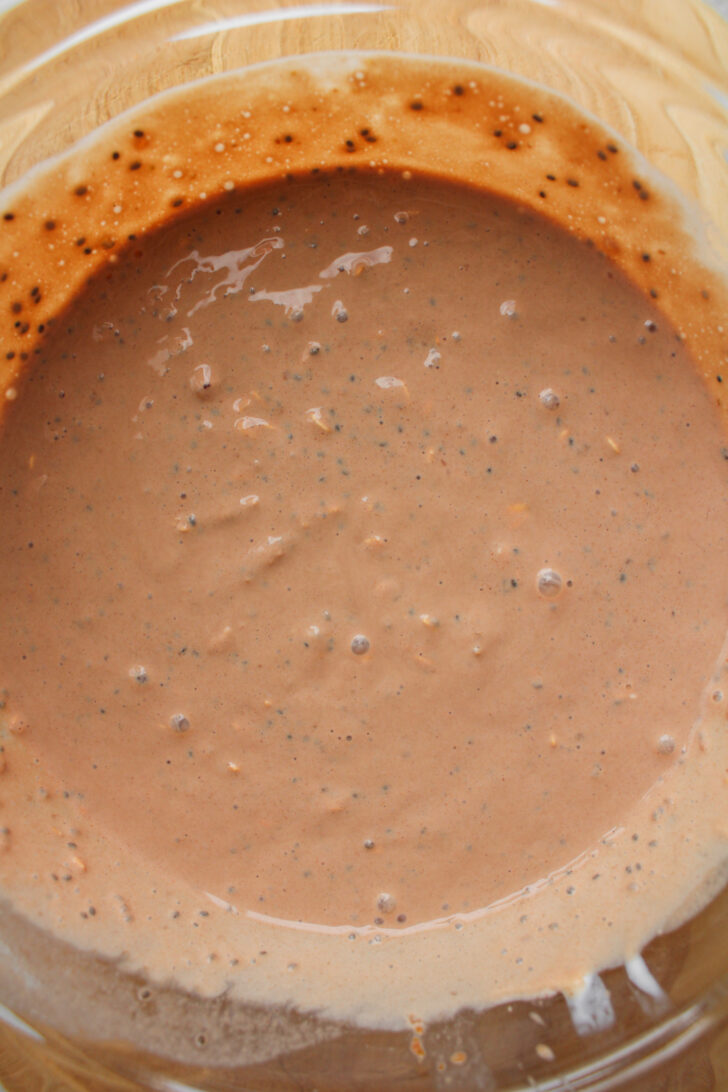chocolate milk, oats, chia seeds and greek yogurt mixed together in a glass bowl
