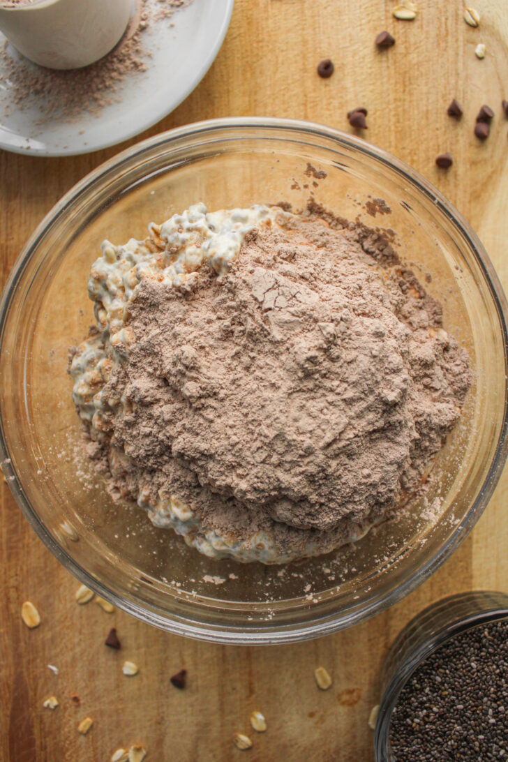 overnight oats mixture with protein powder on top