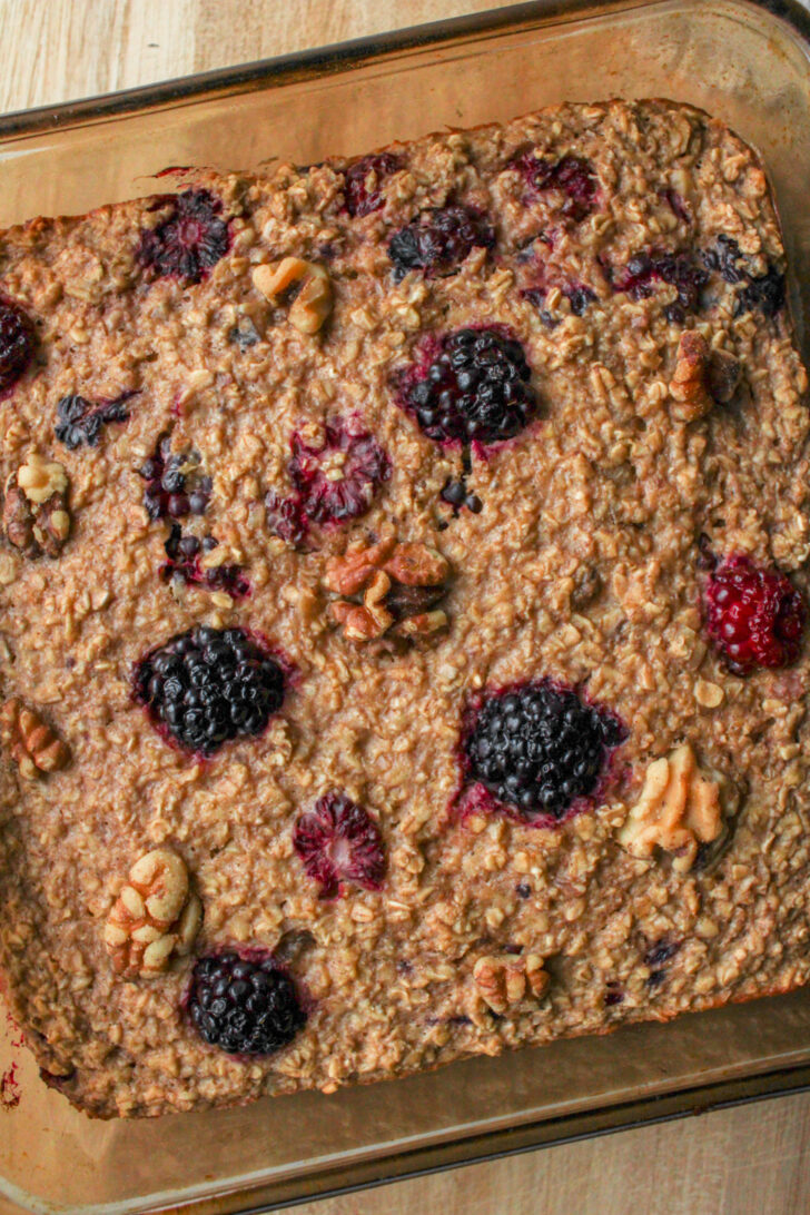baked oatmeal in a square glass dish