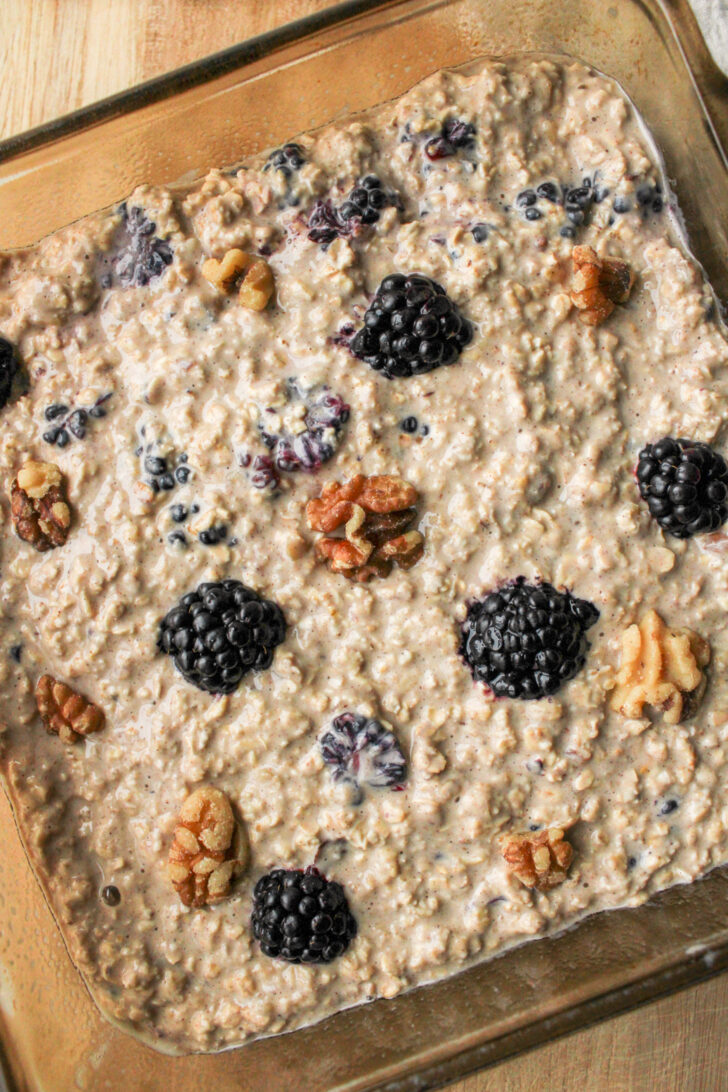 unbaked oatmeal batter in a square glass dish